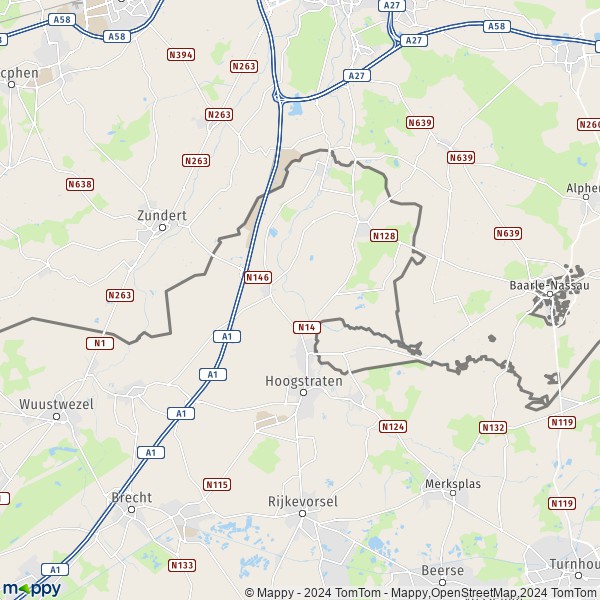 De kaart voor de stad 2320-2328 Hoogstraten