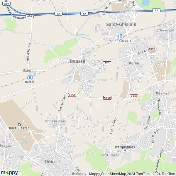 De kaart voor de stad 7300-7301 Boussu